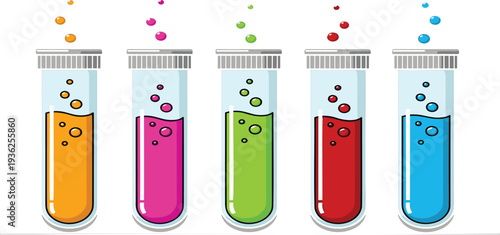 Colorful Laboratory Test Tubes with Bubbling Liquid Set, Science Experiment Glassware Illustration for Chemistry Lab, Medical Research, and Education Design