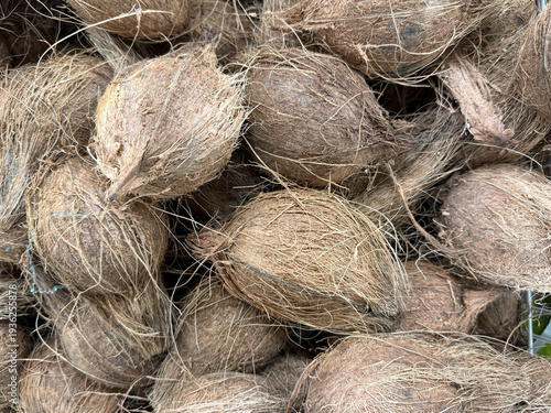 A bunch of coconuts are piled up on top of each other