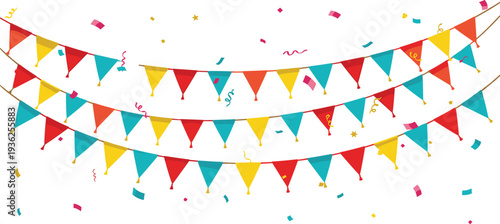Colorful Party Bunting Flags with Confetti Festive Decoration Banner Vector Illustration for Birthday Celebration, Festival Events, Carnival, and Holiday Party Design