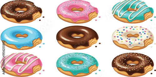 Colorful Donut Collection with Various Glazes, Sprinkles, and Bites Cartoon Style Vector Illustration Set for Bakery Menu, Dessert Design, Sweet Food Graphics