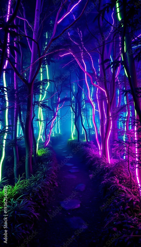 Obraz premium Cyberpunk forest path, bathed in electric violet and emerald neon, winds through glowing flora, a digital dreamscape captured with a tilted perspective, glowing moss, deep focus