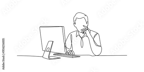 Continuous line drawing of a man sitting at his desk working on a computer and thinking Vector, illustration