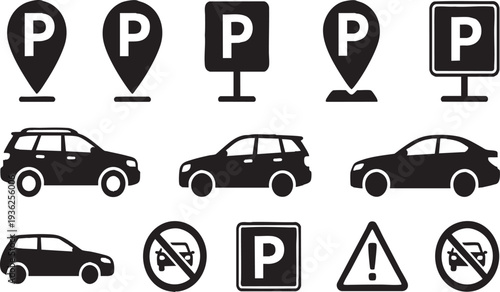 Parking Icon Set Silhouette with Car Symbols Isolated on Transparent Background