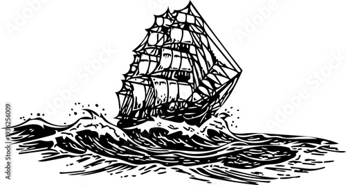 A majestic sailing ship rides turbulent ocean waves in a dramatic black and white illustration from a side viewpoint