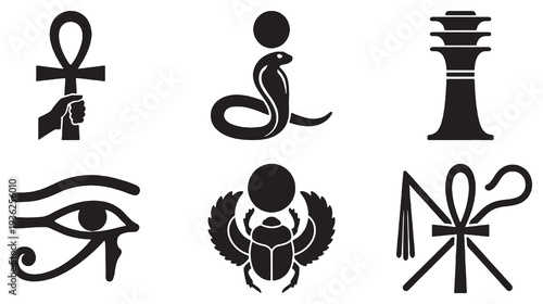 Collection of ancient Egyptian hieroglyphic symbols including an ankh, Eye of Horus, scarab beetle, and cobra.