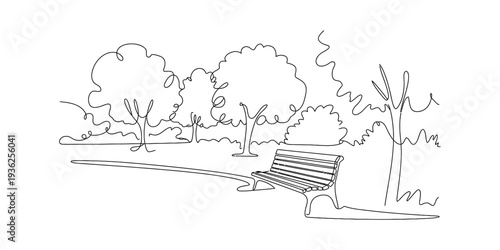 A simple black and white line drawing of a park bench surrounded by trees and bushes. Vector, illustration