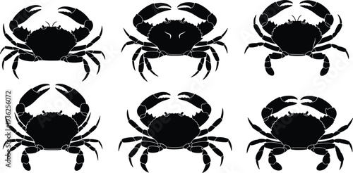 Crab Silhouette Collection with Different Crab Shapes and Sea Animal Black Icons Isolated for Marine Wildlife, Seafood, and Coastal Design