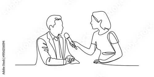 Continuous line drawing of a female journalist interviewing a businessman with a microphone. Vector, illustration