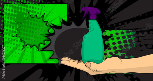 Cartoon, comic book human hands holding Spray Bottle. Retro vector comics pop art design.