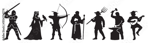Silhouettes of medieval characters representing different professions and roles in society, including a knight, queen, archer, monk, farmer, blacksmith, and musician.