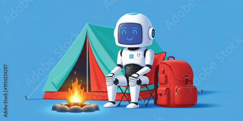 Cute Friendly Robot Camping in Nature with Tent Campfire and Backpack Representing Artificial Intelligence Adventure Technology Travel and Outdoor Exploration Concept