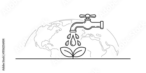 Line art illustration of a water tap watering a small plant with the globe in the background
