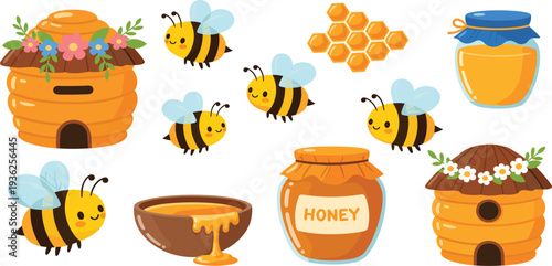 Cute Honey Bee and Beehive Cartoon Set with Honey Jar, Honeycomb, and Flowers Isolated on Light Background for Kids Design