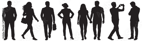 Diverse group of people silhouetted against a white background, showcasing various poses and activities like walking, standing, and taking photos.