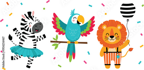 Cute Jungle Animal Party Characters with Zebra Parrot and Lion for Kids Birthday Decoration Nursery Print Cartoon and Vector Illustration Set