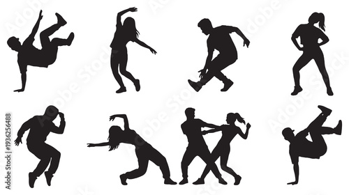 Collection of diverse silhouettes of people dancing and performing athletic moves.