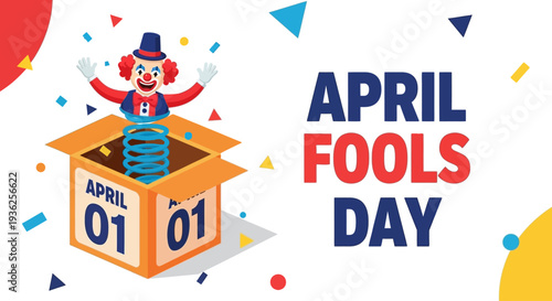 Celebrating April Fools Day with a jumping clown emerging from a box filled with colorful confetti and festive decorations on a joyful day