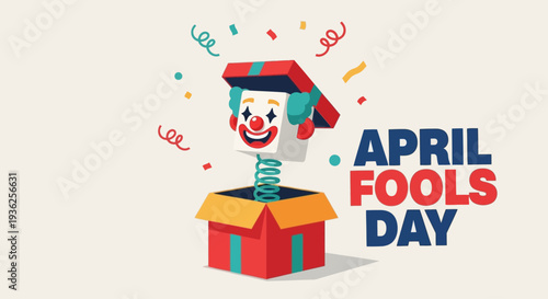 A playful April Fools Day celebration featuring a clown jumping out of a box surrounded by colorful confetti, a fun illustration from a close-up viewpoint.