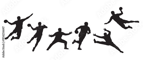 Silhouette collection of handball players in various dynamic poses during a game, isolated on white background.