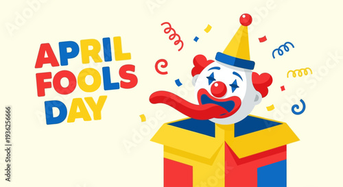 A clown emerges from a box on april fools day surprise with vibrant colors and playful jesters