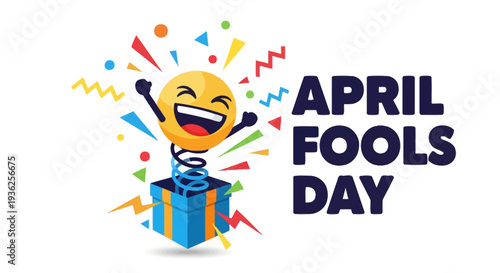 A smiling emoticon emerges from a blue gift box on April Fools Day surrounded by colorful confetti and playful shapes