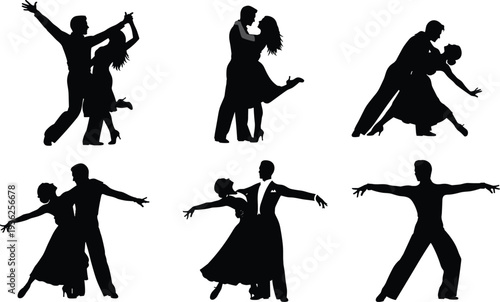 Dancing couple silhouettes, six elegant poses, ballroom and Latin dance vector illustration, expressive movement art design, partner choreography inspiration