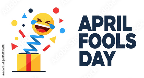Celebrating april fools day with a joyful emoji and colorful shapes surrounding a gift box on a special day
