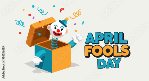 A clown jumps out of a box celebrating April Fools Day surrounded by confetti and ribbons in a festive atmosphere