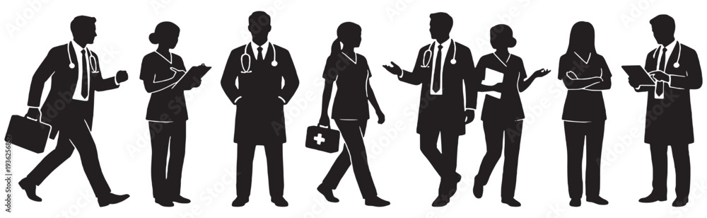 Fototapeta premium Diverse group of medical professionals in silhouette, including doctors and nurses, standing and walking with medical equipment.