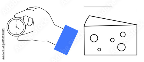 Hand with clock symbolizing time management next to cheese piece with holes. Ideal for productivity, planning, time tracking, efficiency, scheduling, habits, delay, simple flat metaphor