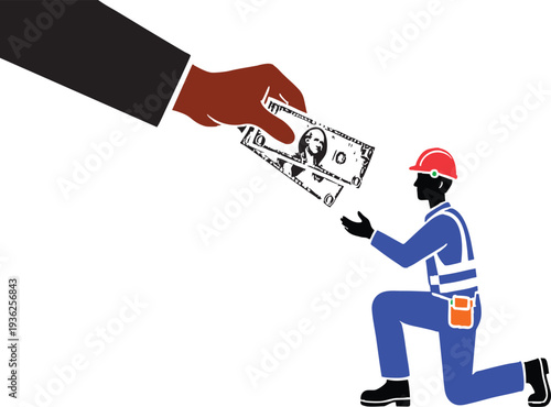 Silhouette of a big hand giving dollar bills to a kneeling construction worker