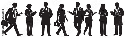 Diverse group of medical professionals in silhouette, including doctors and nurses, standing and walking with medical equipment.