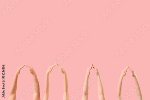 Many hands gesturing on pin...