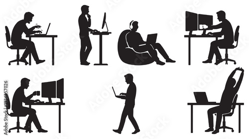 Collection of diverse silhouettes of people working on laptops and computers in various positions and settings.