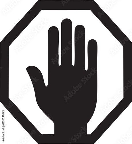 Stop Sign Icon with Hand Gesture Silhouette for Safety Warning and Prohibition Symbol