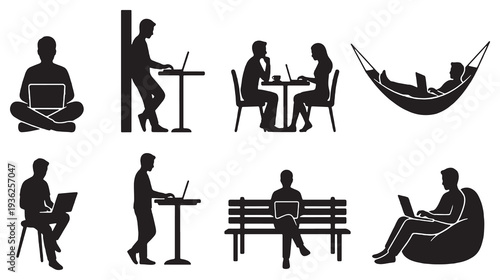 Collection of Silhouettes of People Using Laptops in Various Poses and Locations.