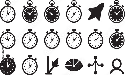 Stopwatch and Timer Icon Set, Countdown Symbols Collection on Transparent Background