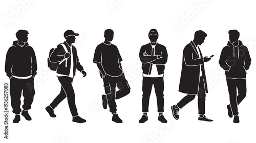Collection of diverse male silhouettes in stylish casual outfits, showcasing modern fashion and urban lifestyle.