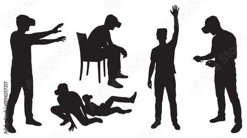 Collection of silhouettes of people using virtual reality headsets and interacting with the virtual world.