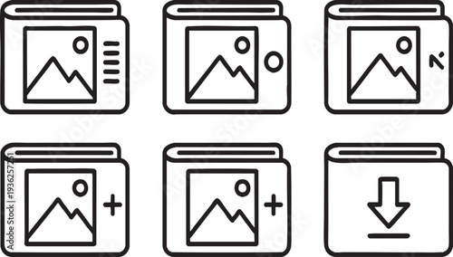 Thin line gallery and photo album icon set isolated on transparent background