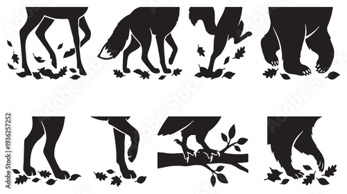 Collection of Silhouettes of Animal Legs and Paws Interacting with Autumn Leaves.