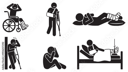 Collection of stick figure icons depicting injuries, pain, and recovery, including wheelchair, crutches, and hospital bed.