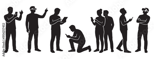 Silhouettes of people interacting with technology, including smartphones and virtual reality headsets.