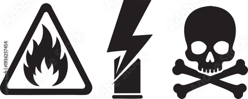 Warning Hazard Safety Signs, Fire, High Voltage, and Skull on Transparent Background