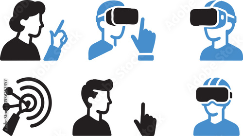 VR Experience and Interactive Interface Icon Set, Black Silhouettes, Transparent BG