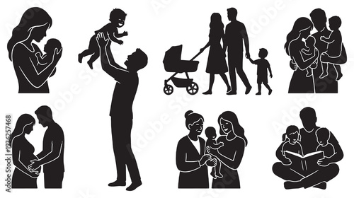 Collection of silhouette illustrations depicting families, parents, and children in various loving interactions and activities.