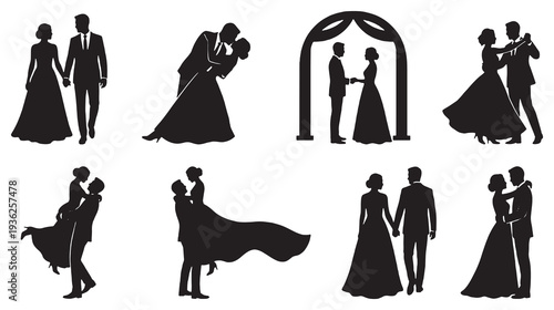 Collection of wedding couple silhouettes in various romantic poses, celebrating love and marriage.