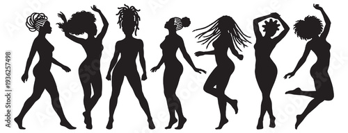 Silhouette of seven diverse women with natural hairstyles dancing and celebrating joyfully.