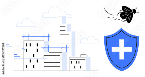 Cybersecurity, pest elimination, urban safety, health prevention, building maintenance, digital protection. Urban skyline with shield and insect flying. Cybersecurity and pest elimination concept