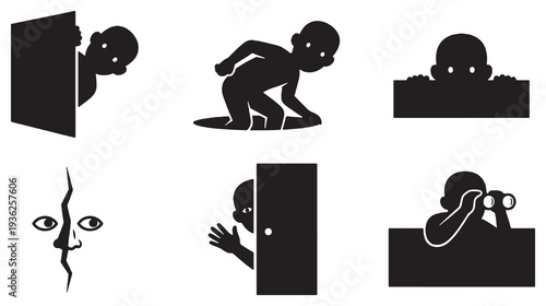 Collection of Silhouette Icons Depicting Children Peeking and Observing from Various Positions.